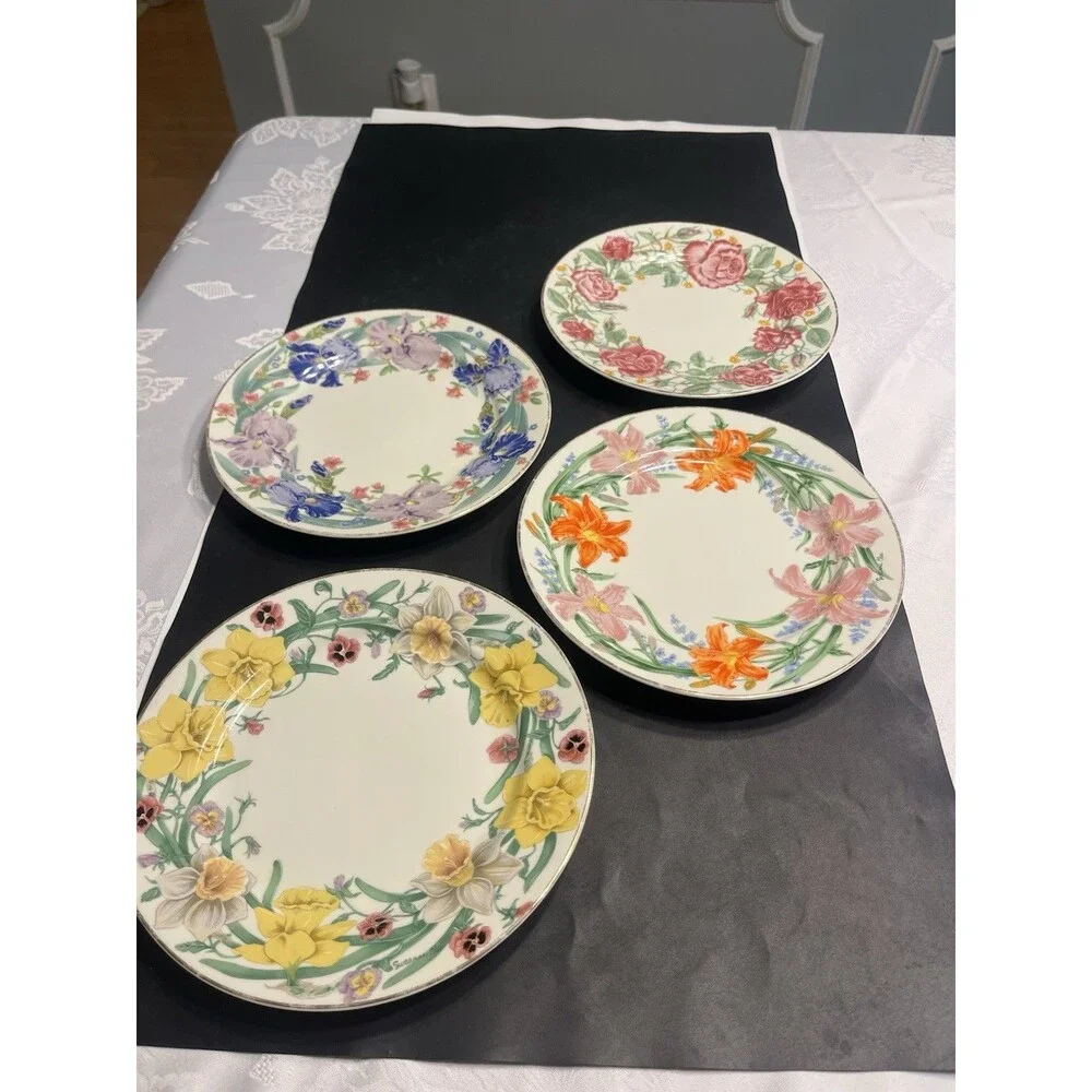 4pc LENOX The Flower Blossom Collection Dessert Plates Daffodil Rose Lily Iris